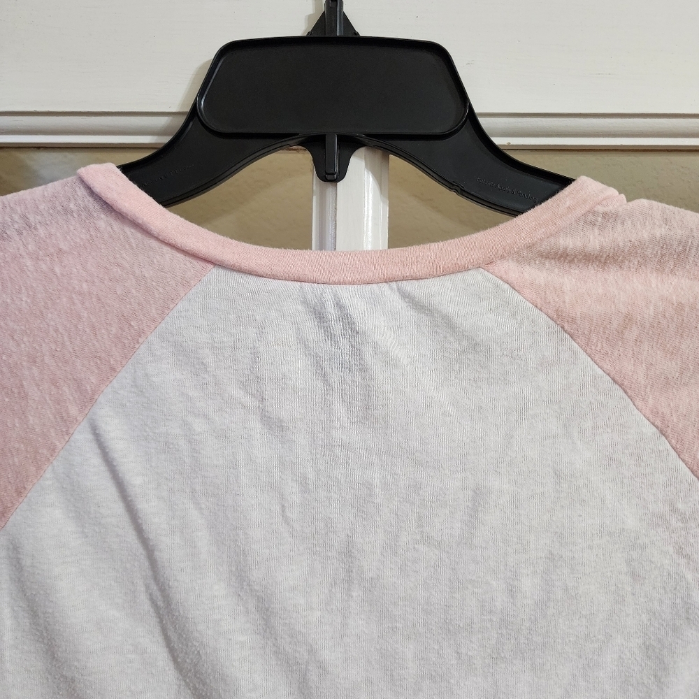 Forever 21 Pink White Raglan Crop Tee Size L Colorblock Baby Tee Casual Y2K - Picture 6 of 8